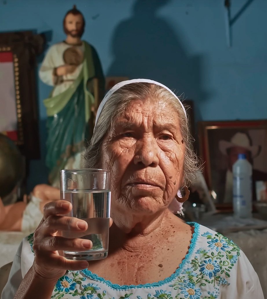 Doña Petra sosteniendo un vaso de agua para una oración de sanación.